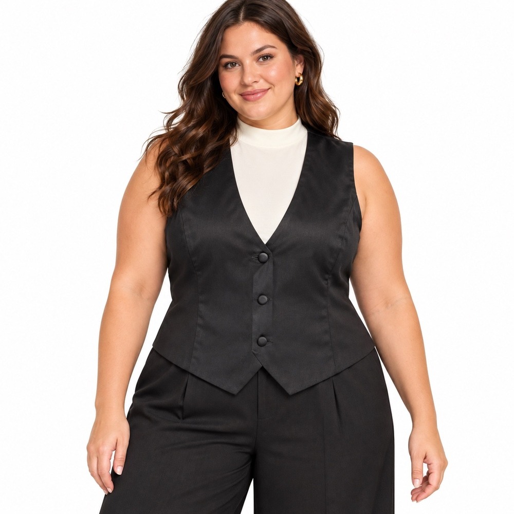 Womens Black V-Neck Button Down Tailored Suit Vest Lined Formal Waistcoat